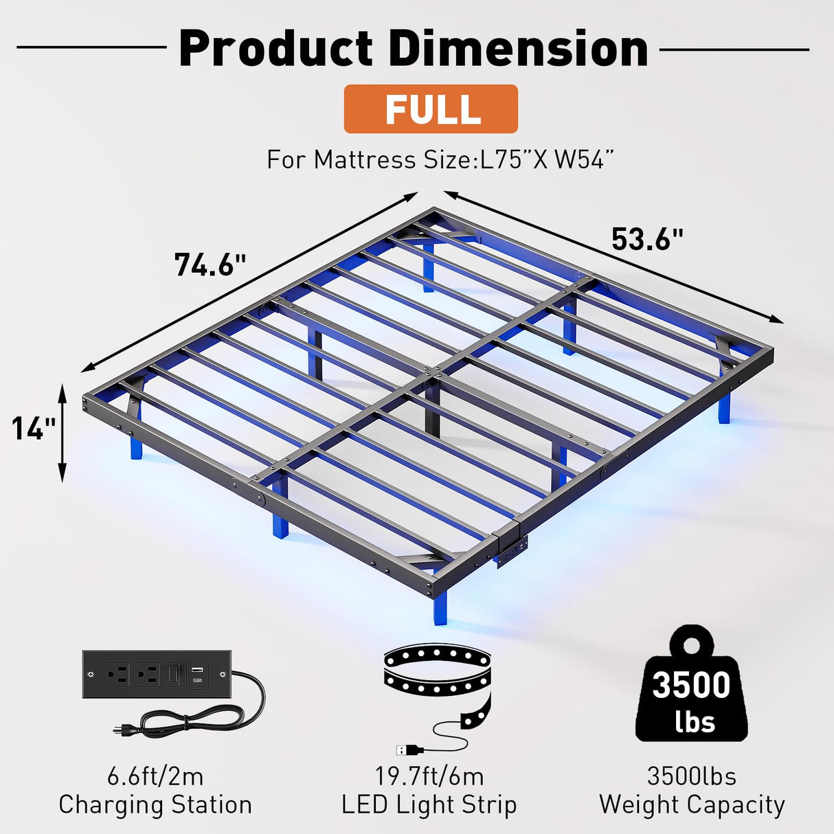 AGXI Floating Bed Frame Full Size with LED Lights and Charging Station, 14 Inch Floating Bed Frame - Modern Full Size Bedframe Easy Assembly No Box Spring Needed AGXI