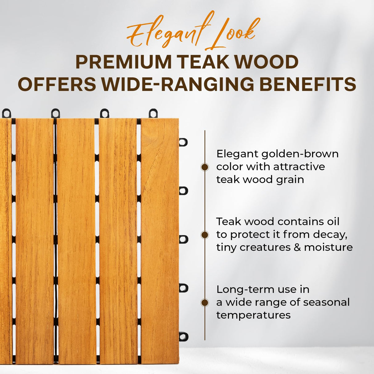 Idzo Set of 10 Premium Teak Deck Tiles, Distinctive Teak Wood Flooring with Innate Oil That Can Withstand Water & Weather Elements, 3 Seconds Snap-Lock Teak Shower Tiles with Stable Mesh Base, 6 Slats IDZO