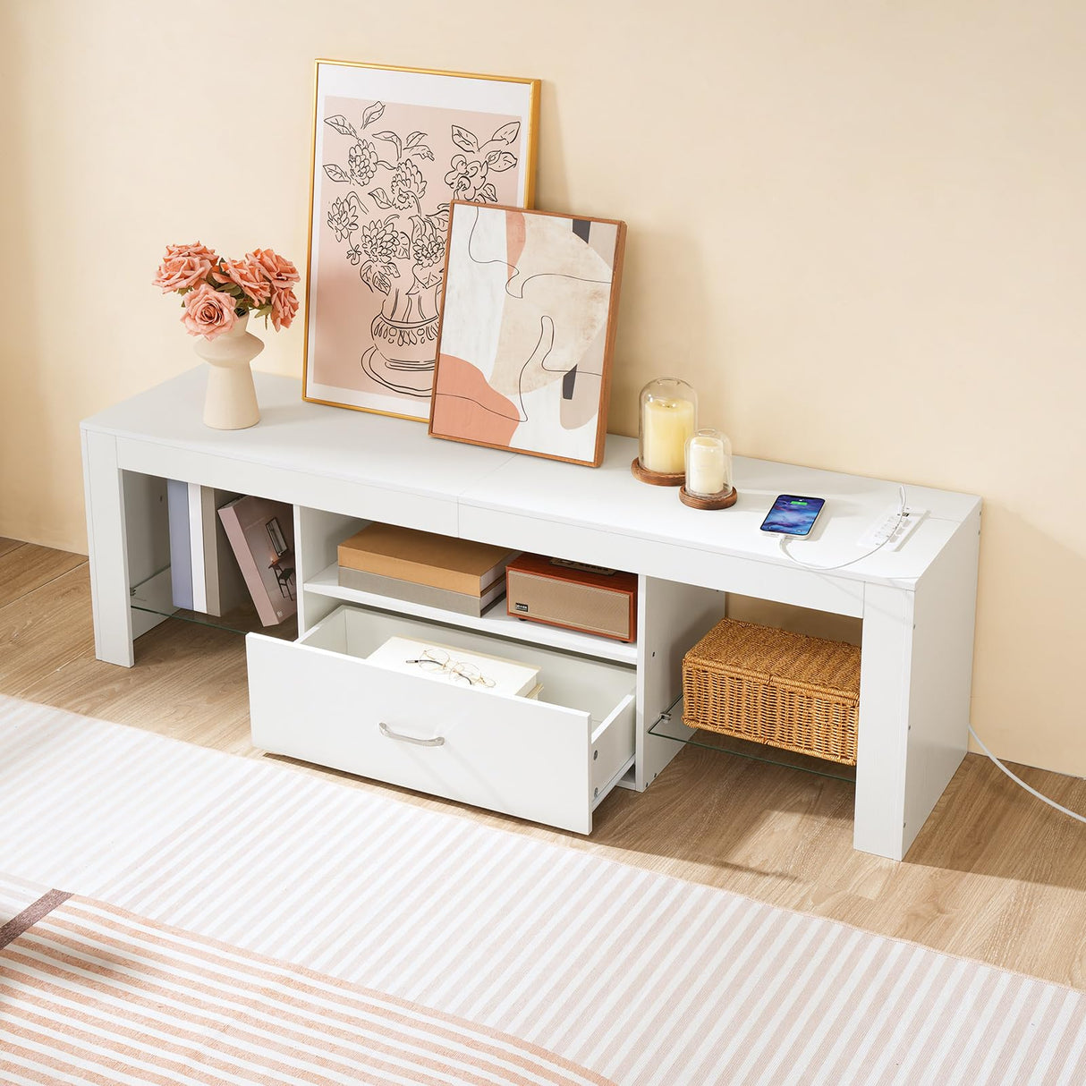 HOOBRO LED TV Stand with Power Outlets to 65 inch TV, Gaming Entertainment Center with Glass Shelves and Large Drawer, Modern Media TV Console Table for Living Room Bedroom, White WT14UDDS01 HOOBRO