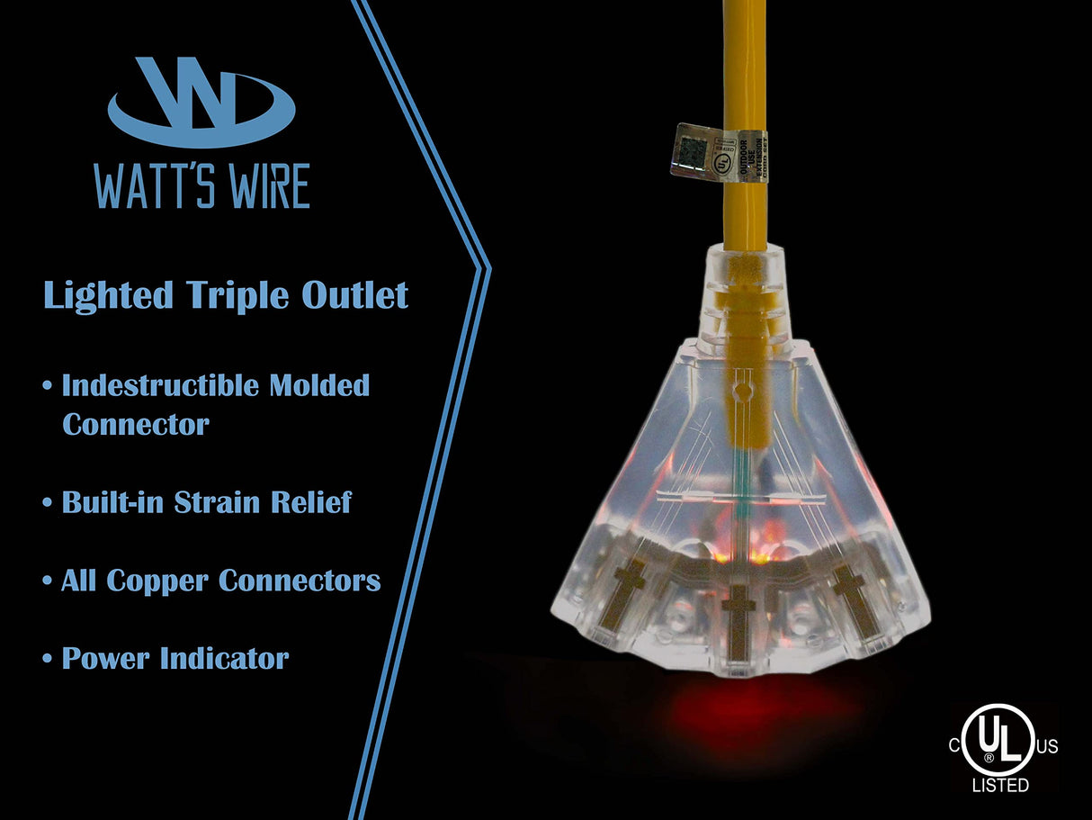 100 ft - 10 Gauge Heavy Duty Extension Cord - 3 Outlet Lighted SJTW - Indoor/Outdoor Extension Cord by Watt's Wire - 100' 10-Gauge Grounded 15 Amp Extension Cord Watt's Wire