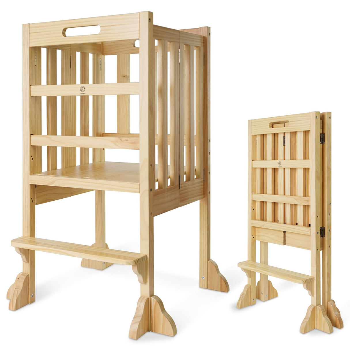 WOOD CITY Kitchen Step Stool Helper - Montessori Foldable Standing Tower for Toddlers with Safety Rail, Height Adjustable Ideal Helper for Learning New Skills, Natural Pure Pine Wood (Natural) WOOD CITY