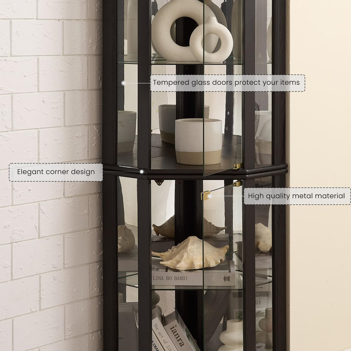 CKEASEAN Corner Curio Cabinet, 70" H Lighted Glass Display Cage with Tempered Glass Doors and 5 Adjustable Shelves, Light Bulb Inclued, Wine Bar China Cabinet for Living Room (Black) CKEASEAN