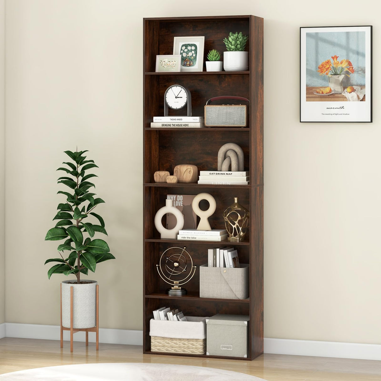 Giantex 6-Tier Bookcase, 70" Tall Wooden Bookshelf, Freestanding Storage Organizer w/Open Shelves, Anti-Tipping Kits, Modern Floor Standing Display Shelves for Living Room, Bedroom (1,Rustic Brown) Giantex