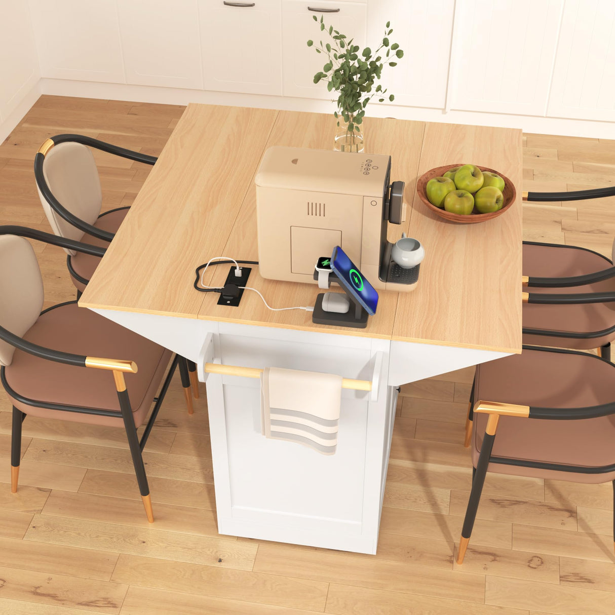 Quarte Farmhouse Large Kitchen Island with 2 Drop Leaf and Power Outlet,Rolling Kitchen Cart on 5 Wheels, Folding Storage Dining Table for Home, Dining Room (White/Double) Quarte