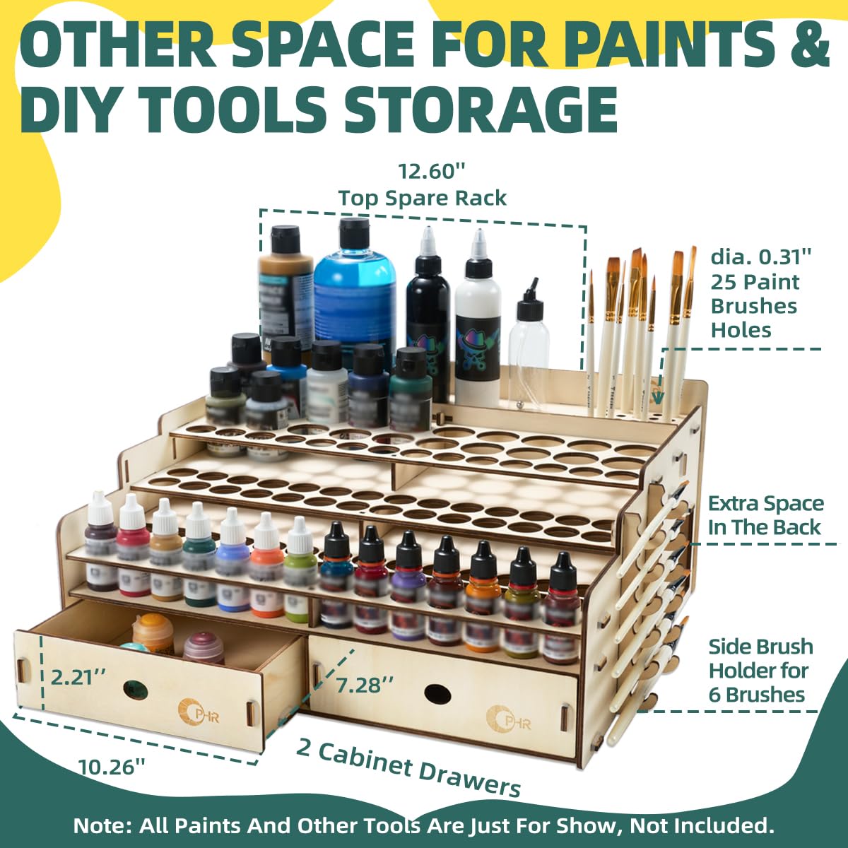 OPHIR Wooden Paint Rack Organizer, Miniature Paint Holder with 104 Holes of 2 Sizes for Model Miniature Paints, Includes 2 Drawers, 2 Painting Handles, 1 Brush Holder, 25 Paintbrush Holes OPHIR