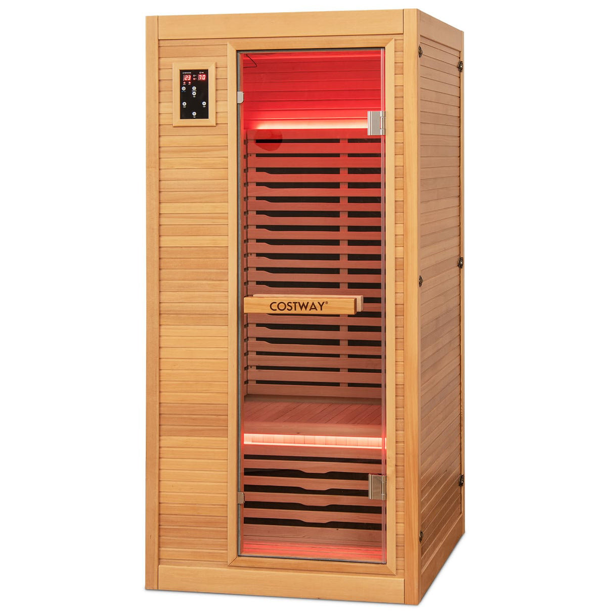 COSTWAY 1-2 Person Far Infrared Wooden Sauna Room, Canadian Hemlock Indoor Low EMF Sauna with Oxygen Ionizer, 9 Carbon Heaters, 4 Light Strips, Tempered Glass Door, Personal Sauna for Home COSTWAY
