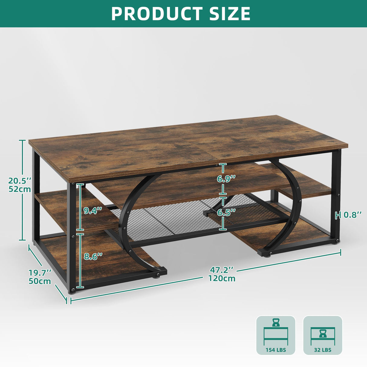 YITAHOME Rustic Coffee Table with Storage 5 Tier Center Living Room Table, 47" Farmhouse Wood Rectangle Cocktail Tea Table, Modern Industrial Accent Table w/Arched Metal Frame for Home Decor, Brown