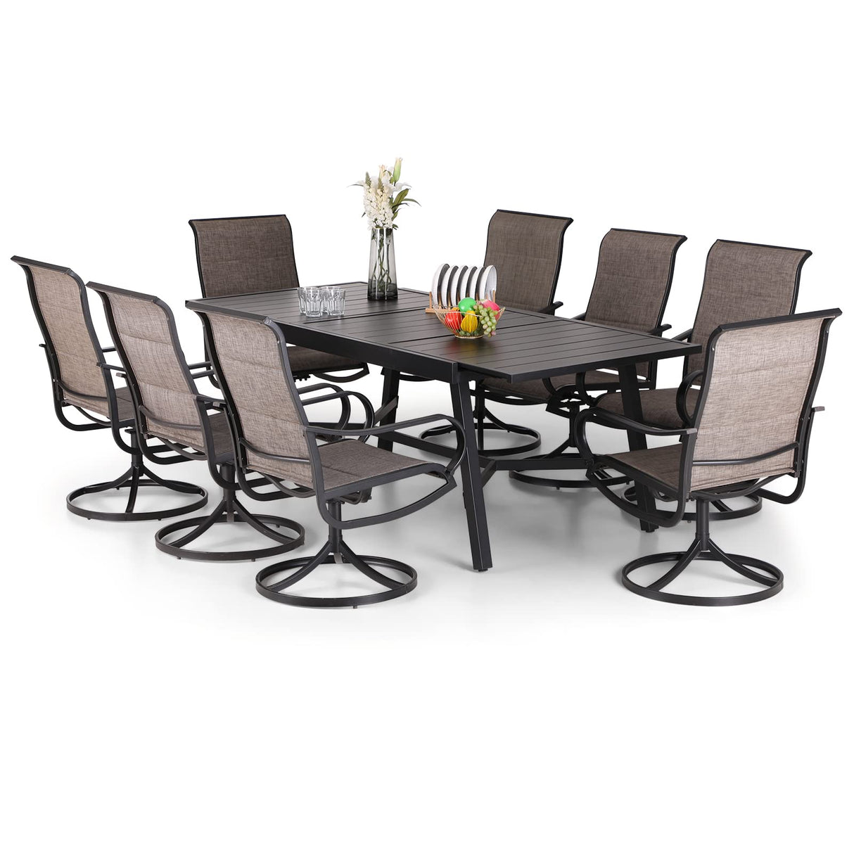 PHI VILLA 9 PCS Patio Dining Set, 8 Padded Swivel Dining Chair with Quick-Dry Cotton and 1 Extandable Metal Table,E-Coating for Rustproof for Outside, Poolside PHI VILLA