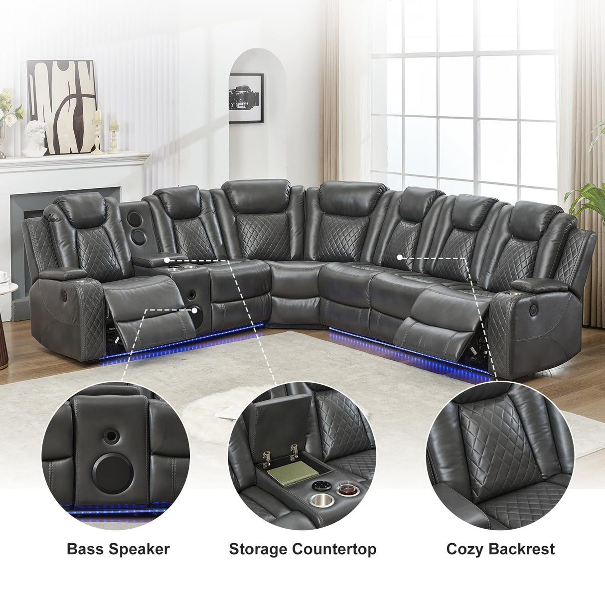 Power Recliner Sectional Sofa with Bass Speaker,Wireless Charger,Electric Reclining Sectional Sofa with 2 Faux Leather Recliner,LED Strip,Reading Light,Type-C USB Port,Cup Holder,Storage Console Gray Comfort Stretch