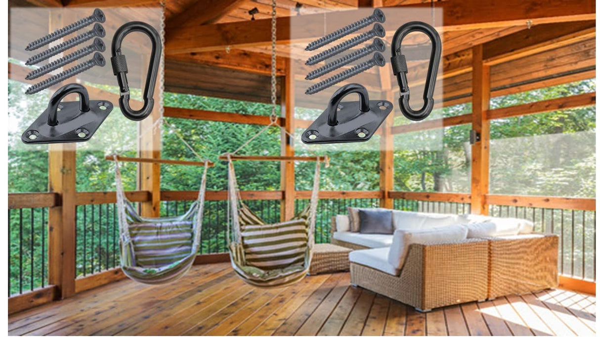 Branded Boards Heavy Duty Black or Silver 1000lb Load Hammock Hanging Kits with Locking Carabiner Snap Hooks, for Trees, Ceilings, Walls, Porches, Posts (Diamond-Plate-Hammock-Kit-Black) Branded Boards