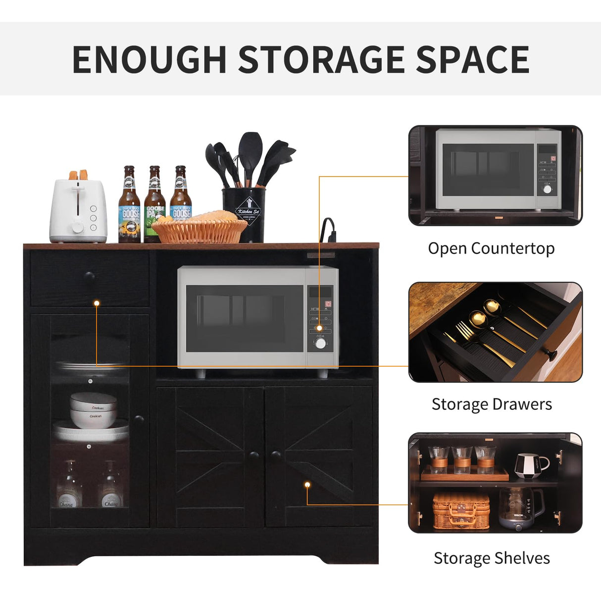 Walmokid Storage Cabinet with Power Outlet, 35" Modern Sideboard Buffet Cabinet w/Adjustable Shelf, Wooden Kitchen Cabinet with Open Shelves for Living Room, Dining Room, Kitchen, Black Walmokid