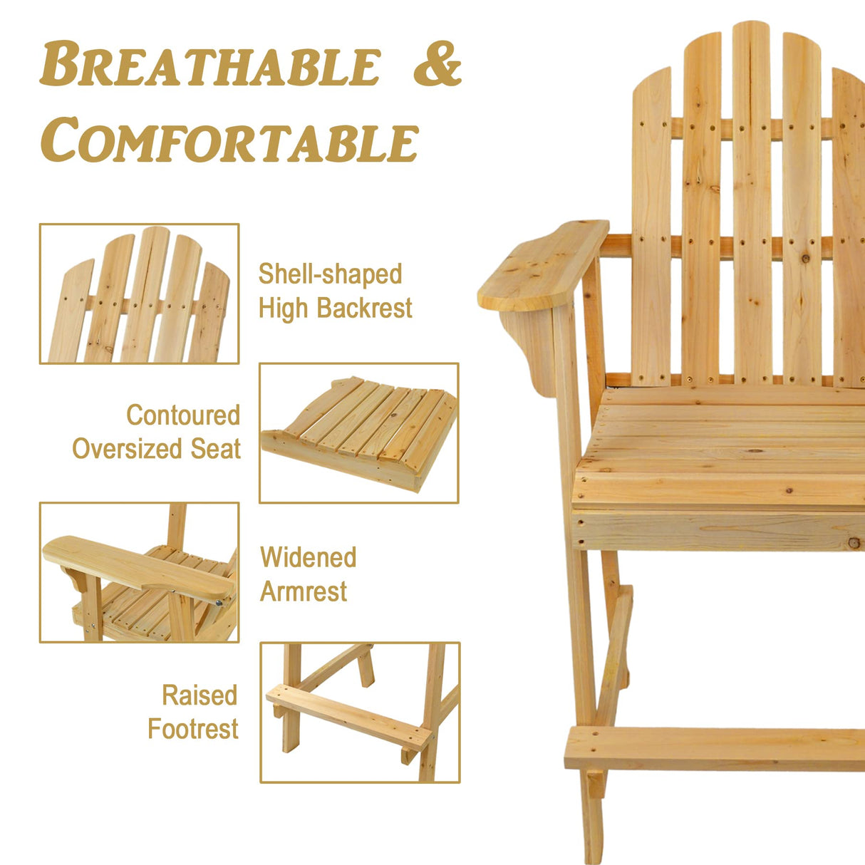 Ready-to-Finish Balcony Tall/Counter High Adirondack Chair with Footrest for Outdoor Outside Garden - Unfinished Natural Wood Bar Chair Westcharm