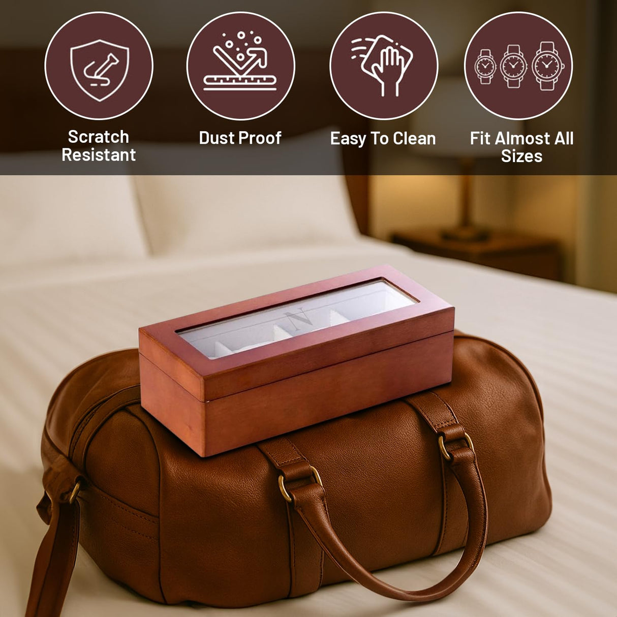 Bey-Berk Personalized Cherry Custom Wood Watch Box – 4-Slot Storage with Glass Lid, Velour Lining & Pillows Bey-Berk
