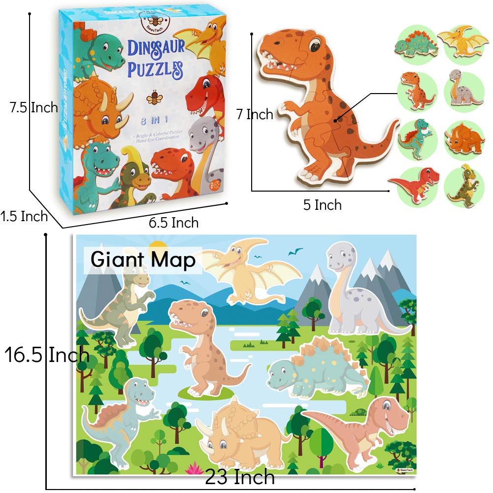 BEESTECH Beginner Dinosaur Puzzles for 2, 3, 4 Year Old Toddlers, 8 Pack Jigsaw Floor Puzzles, Educational Learning Puzzles for Toddlers, 8 Different Dinosaurs with Dinosaur World Map Beestech