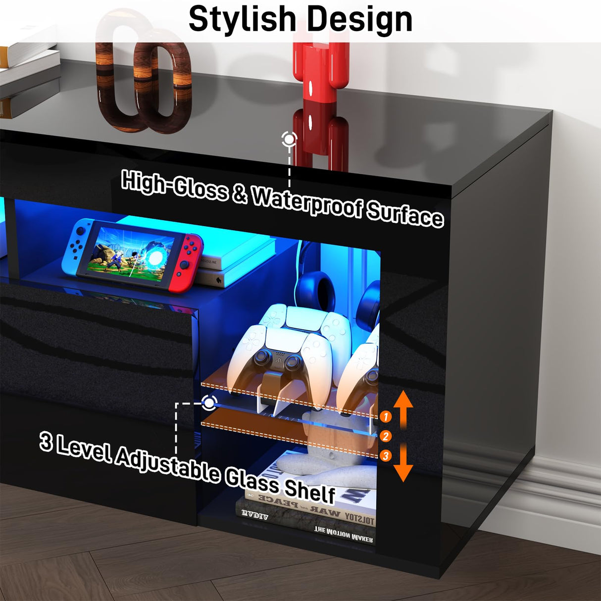 chartustriable 63" Floating High Gloss LED TV Stand for 75" TVs, Wall-Mounted Entertainment Center, Modern Media Console with Open Adjustable Glass Shelf and Hidden Storage Cabinet, Black chartustriable