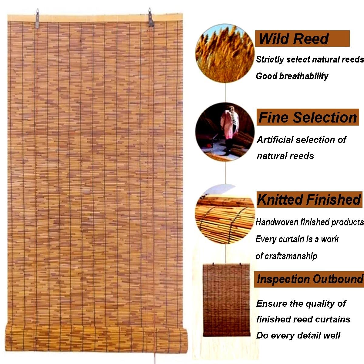 Natural Bamboo Blackout Roller Blinds - 80% Light Filtering Sunshade Curtain for Indoor & Outdoor Use DISPRA