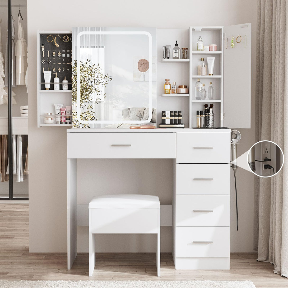 Fameill White Vanity Desk with Mirror and Lights,Makeup Vanity Table Set with Power Strip and Sliding Locker,Visual Drawer Makeup Desk with 5 Drawers&Shelves&Cabinet,3 Lighting Modes Fameill