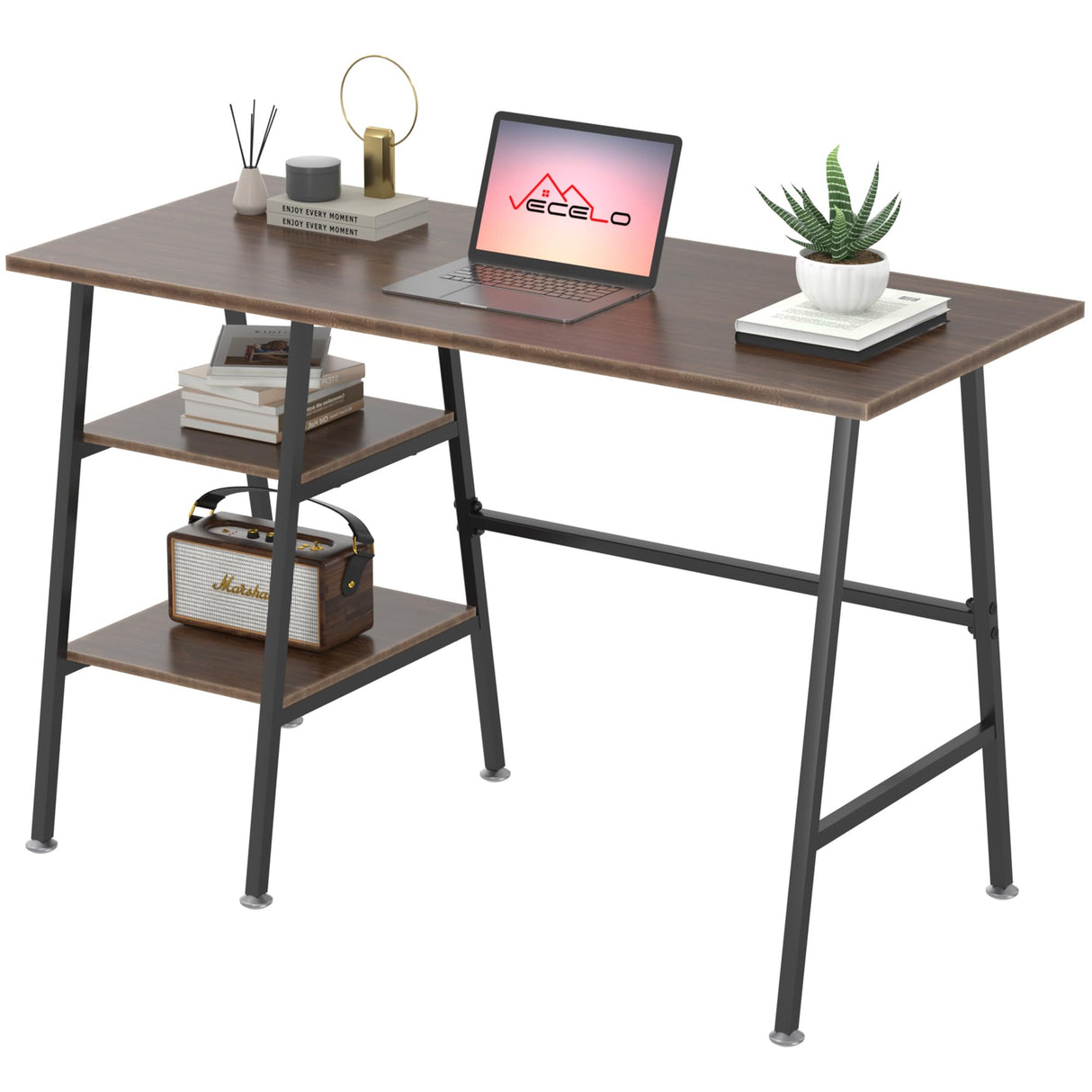 VECELO 43 Inch Computer Desk Writing Study Work Office Table Modern Desk with Shelves Wooden Desk for Home Bedroom,Brown Desk VECELO