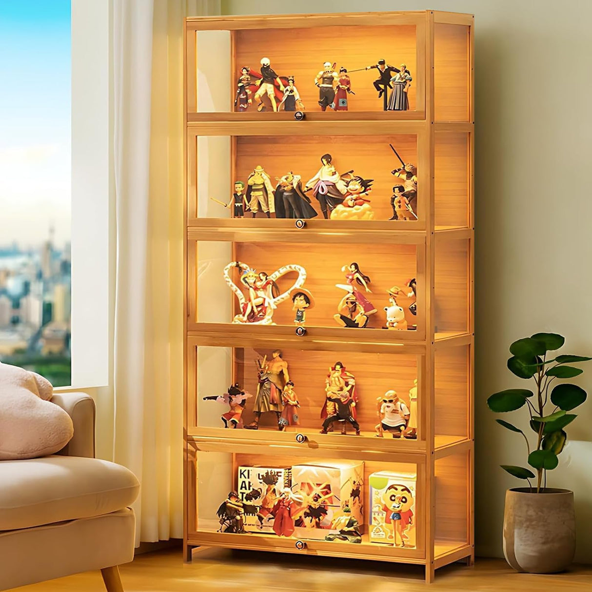 idhhco 5 Tier Curio Display Cabinet, Storage Cabinet with Acrylic Glass Door, Collectibles Toy Organizers Rack & Display Shelf, Kids Bookcase for Bedroom, Reading Nook, Toddler's Room, Bamboo idhhco