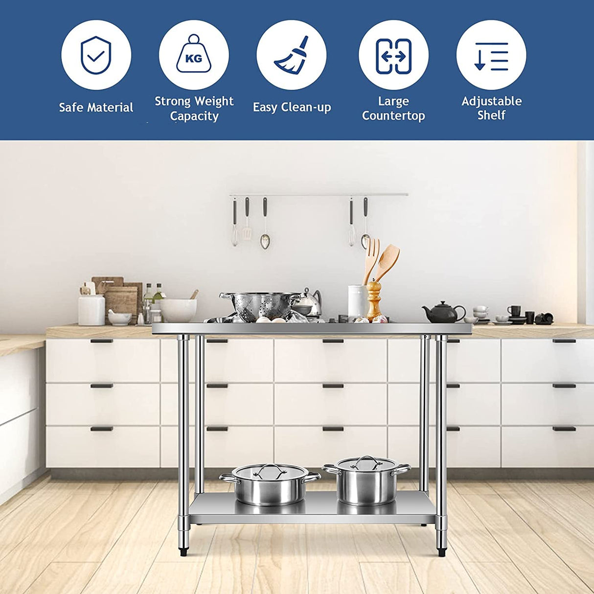 Waterjoy 48" x 30" Stainless Steel Table with Adjustable Shelf for Prep & Workstations Commercial Heavy Duty worktables WATERJOY