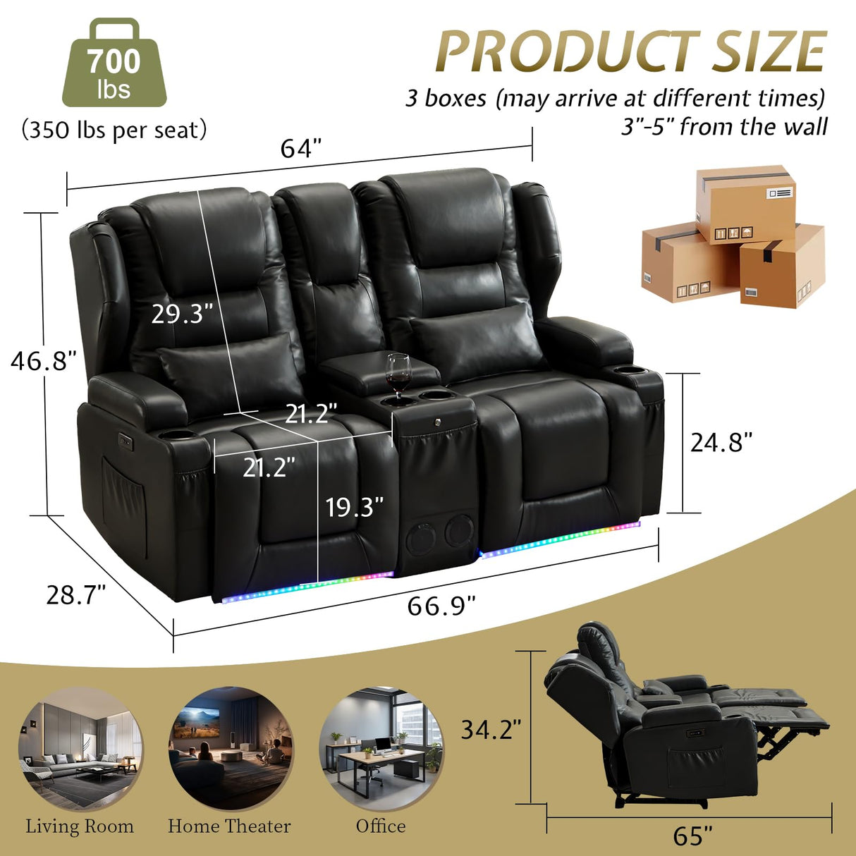 SAMERY Power Loveseat Recliner Sofa Set, Faux Leather Reclining Loveseat Sofa RV Couch Living Room Furniture Set with Console, Bluetooth Speakers, LED Light, USB, Cup Holders (Black 2 Seater) SAMERY