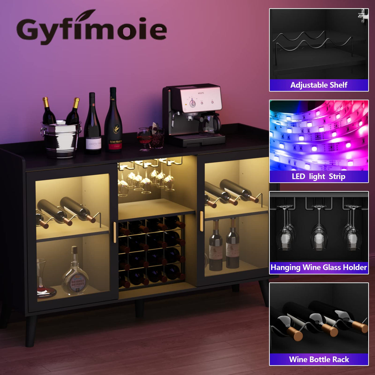 GYFIMOIE Modern Wine & Cocktail Cabinet with LED Light, Home Bar w Wine Rack and Glass Holder, Kitchen Buffet with Storage, Freestanding Liquor Cabinet (Black) Gyfimoie