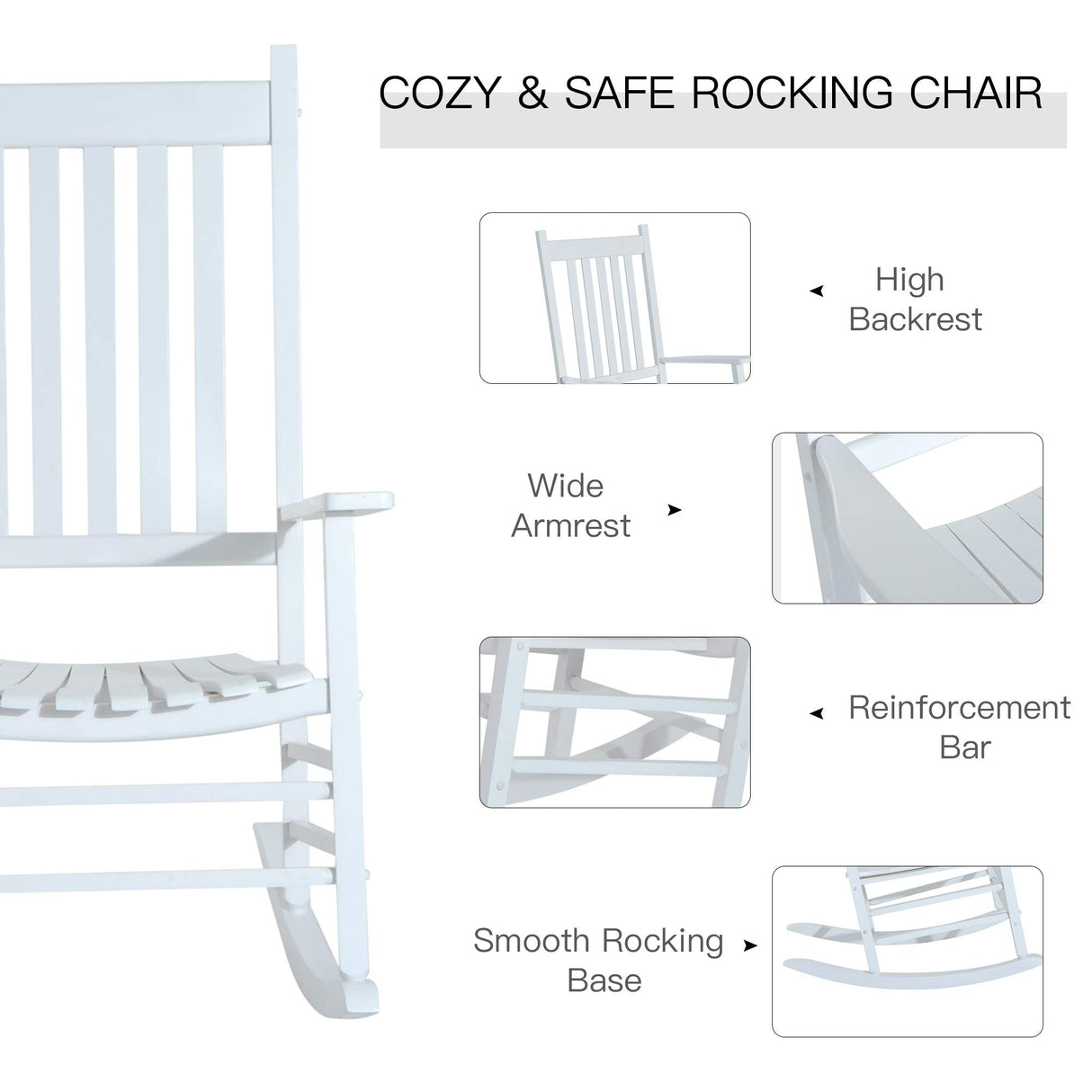 Outsunny Outdoor Rocking Chair, Wooden Rocking Patio Chairs with Rustic High Back, Slatted Seat and Backrest for Indoor, Backyard, Garden, White Outsunny