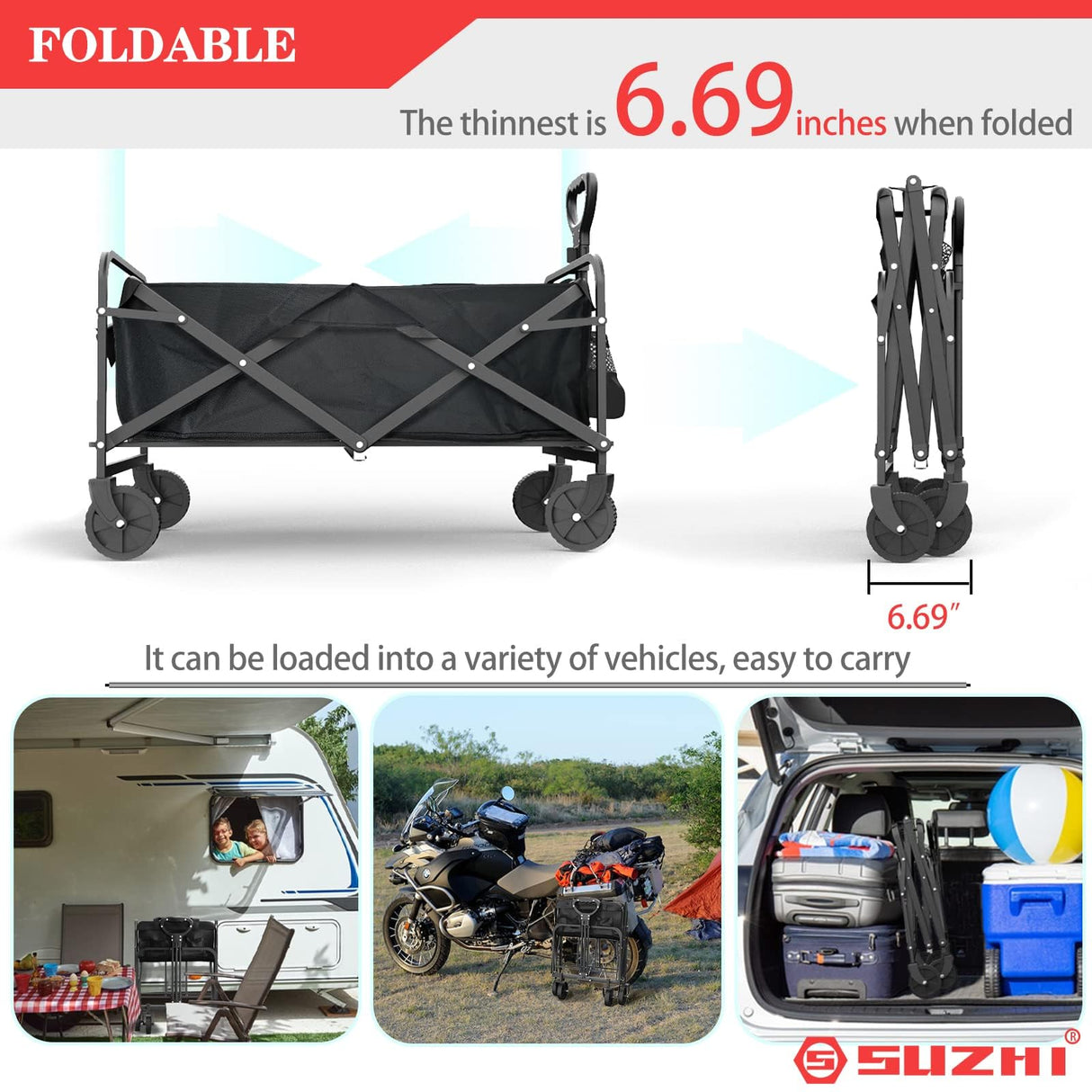 SUZHI Small Foldable Wagon & shopping carts with wheels for Groceries, Black Wagon Carts Foldable, Apartment wagon, Garden Wagon, Grocery Wagon, Collapsible Wagon Lightweight Black (8 colors optional) SuZhi
