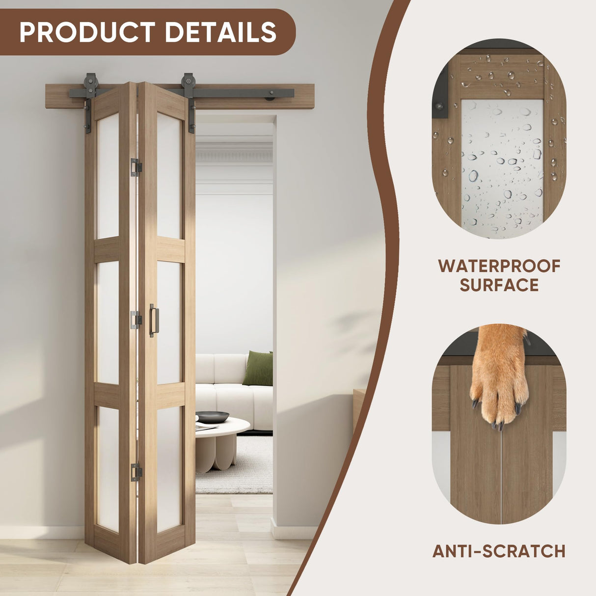 JUBEST Bifold Glass Barn Door, Bi Fold Glass Sliding Barn Door Kit with Hardware Include, 3-Panel Glass Barn Door Slab, Barn Door Hardware for Bedroom, Living Room, Bathroom, Brown (36"x84") JUBEST