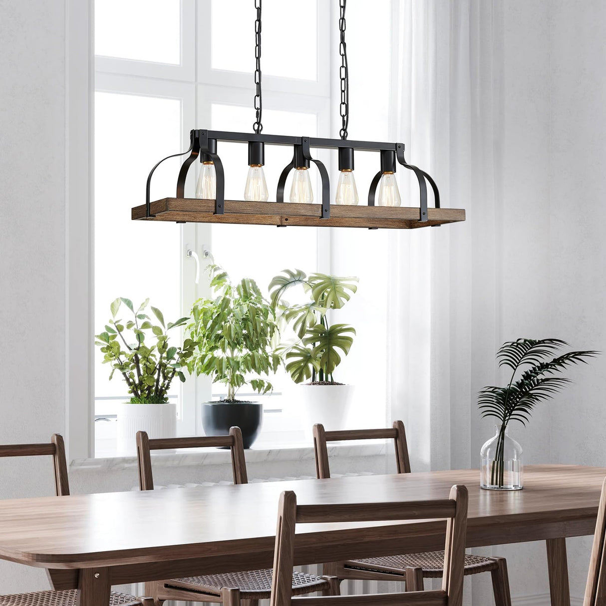 WUZUPS 5-Light Metal Chandelier Imitation Wood Grain Linear Pendant Ceiling Lighting Rustic Farmhouse Fixture Kitchen Island Dining Room, H 8.5" L 31.5" W10, E26 Base, Black & Retro Wood WUZUPS