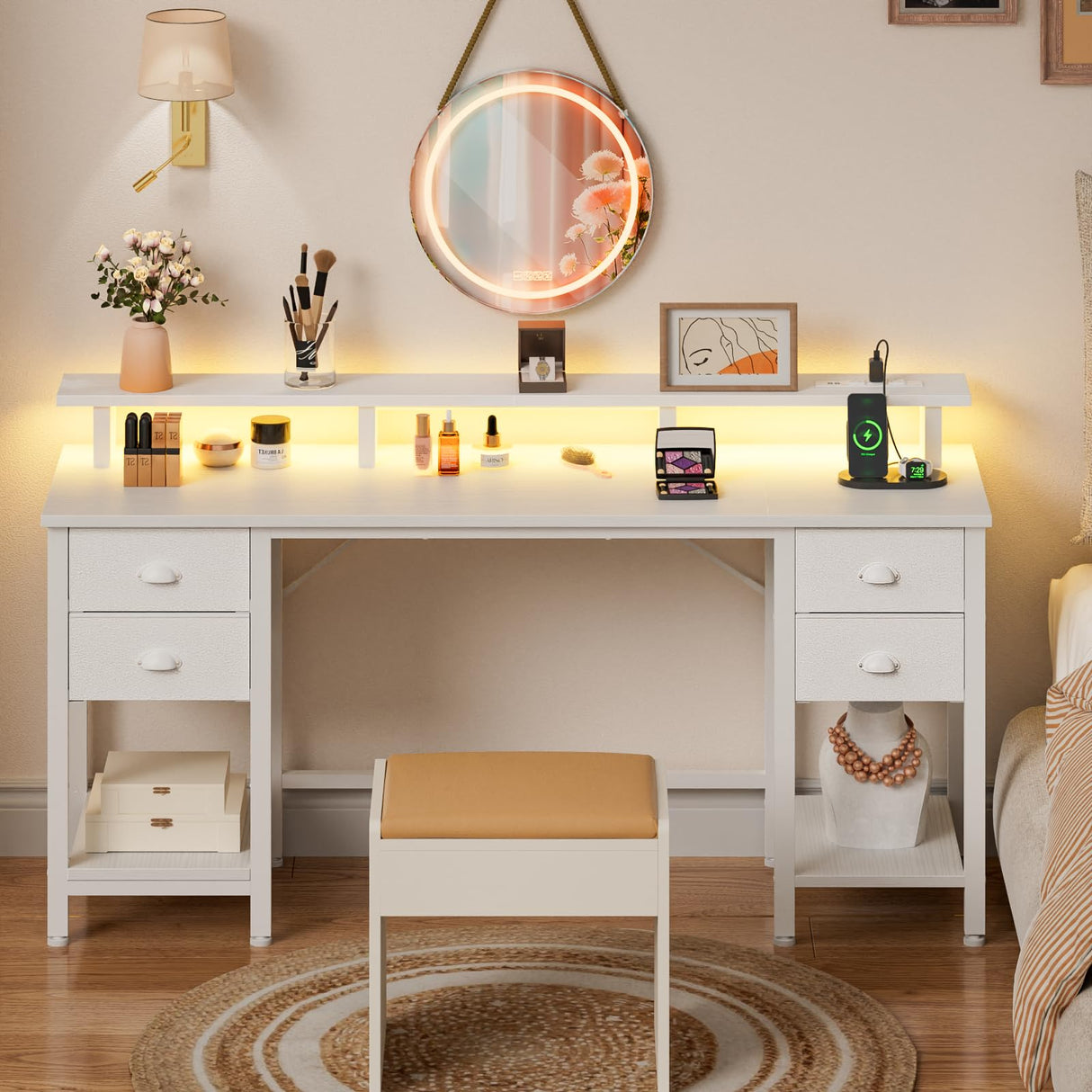 Furologee 61 Inch Desk with Power Outlets and LED Lights, Computer Desk with 4 Removable Drawers, White Office Desk with Long Monitor Stand, Large Gaming Desk with Shelves for Home Office/Bedroom Furologee