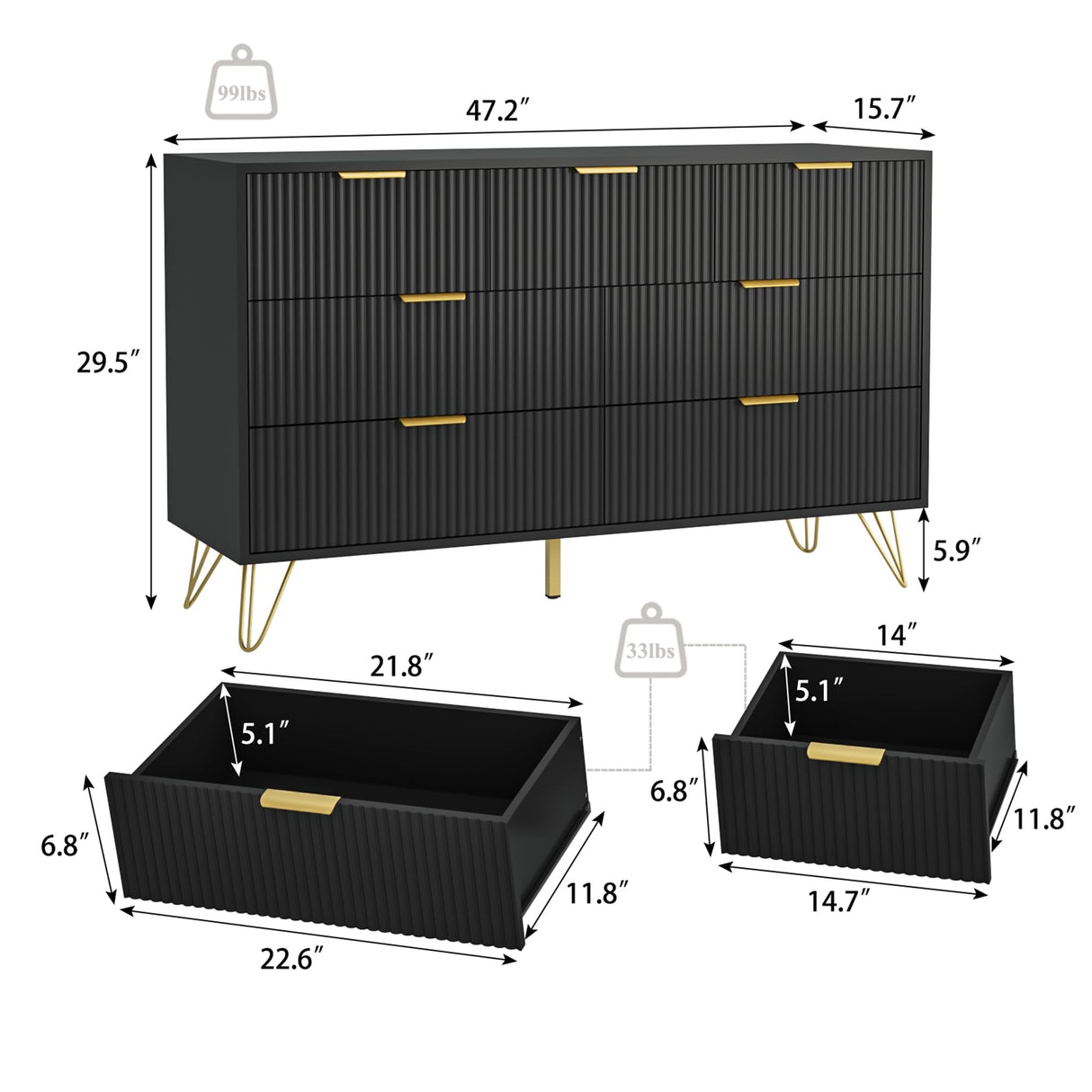 BAZELOR Black Dresser for Bedroom, 7 Drawers Dresser with Golden Handles, Modern Wood Chest for Living Room, Hallway, Entryway BAZELOR