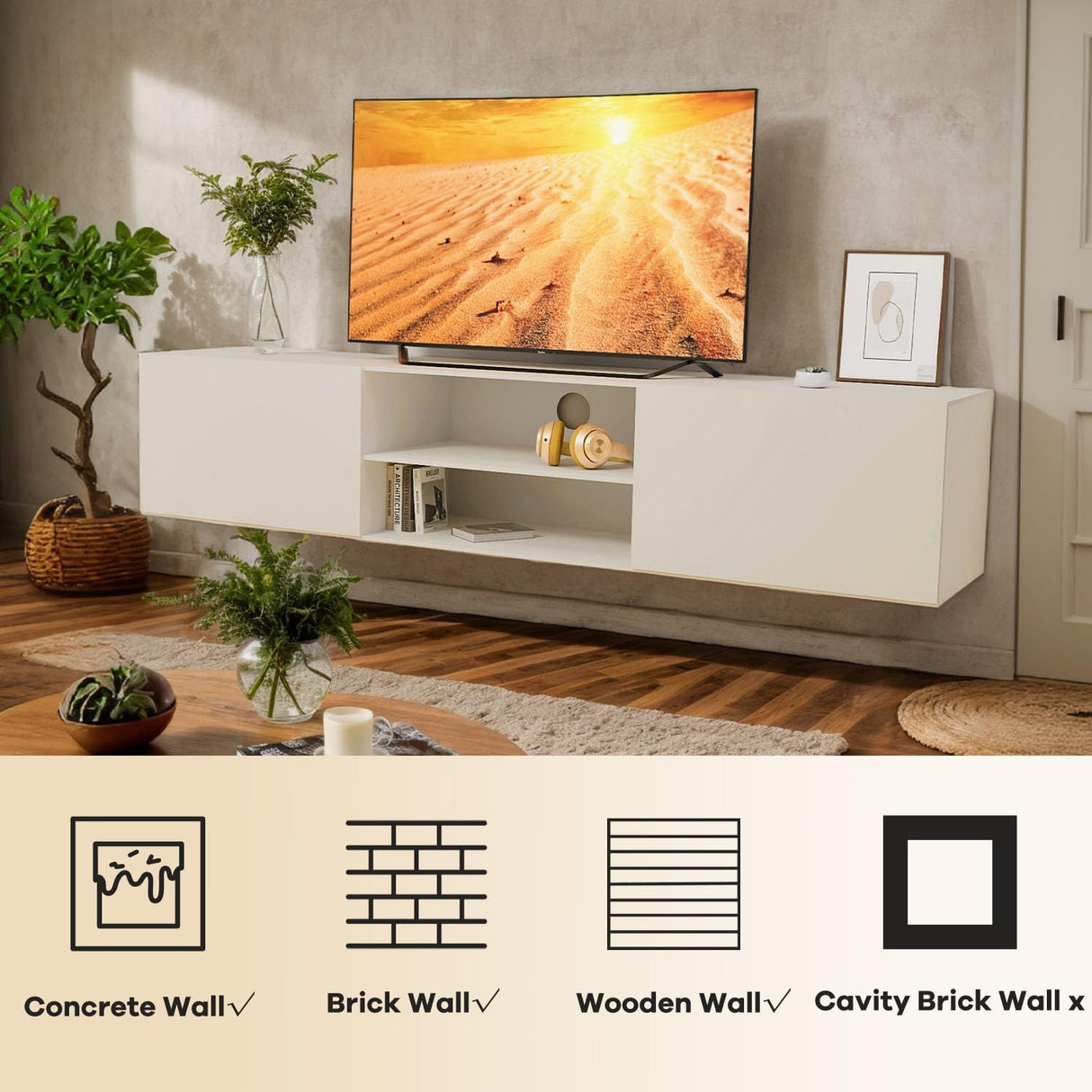 TIMSATIO Floating TV Stand Wall Mounted,70" Floating Entertainment Center for 60" 70" 80",Floating Shelf for Under tv, 3 Cabinet TV Console,Media Console for Living Room (Off-White) TIMSATIO