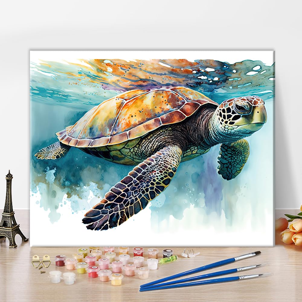 Paint by Numbers Sea Turtle, Abstract Paint by Number, Adult Paint by Number Kits on Canvas Tortoise Paintwork with Paintbrushes, Easy Paint by Numbers Art Crafts 16"x20" TUMOVO