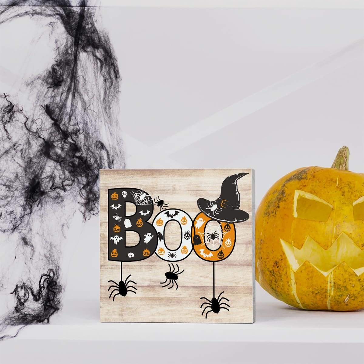 Rustic Boo Witch Spider Halloween Wooden Box Sign Cute Fall Sign Decor Farmhouse Decorative Wood Box Sign Block Plaque for Wall Desk Home Bathroom Decoration 5 x 5 Inches WRSUNT