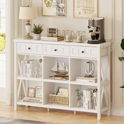 FATORRI 6 Cube Storage Bookshelf with 3 Drawers, Long Horizontal Bookcase, Modern Cubby Organizer Shelf (White Oak, 47 Inch)