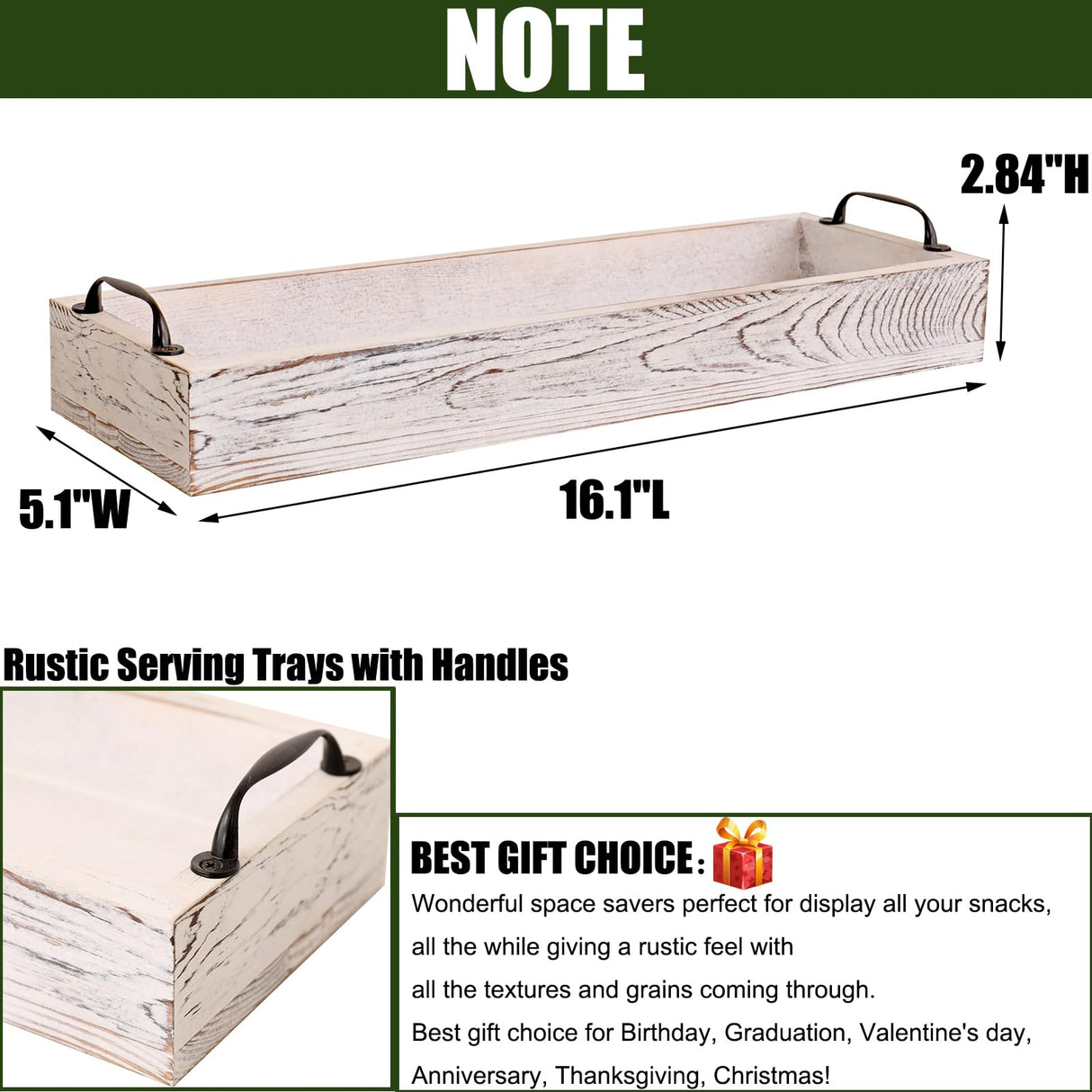 Rustic Wooden Serving Trays Rectangular with Handle,Ottoman Tray for Living Room 16 Inch Long for Serving Wine(whitewashed) SWT8CAI