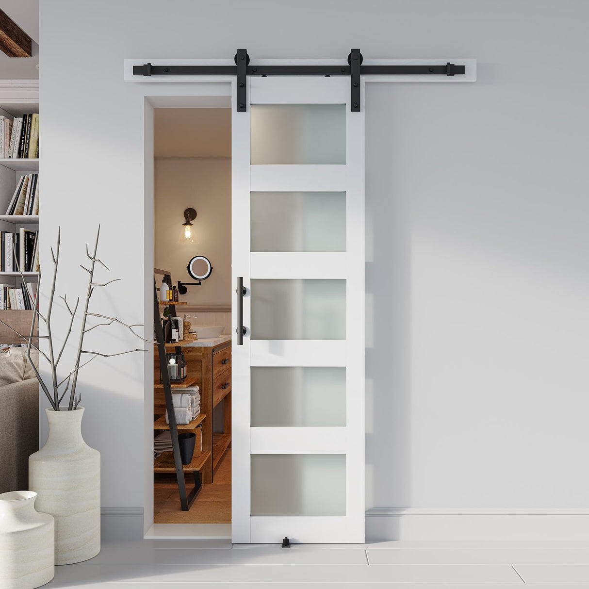 ALAMEDADT 26'' x 84'' Glass Barn Door and 5 Ft Hardware Kit Included, MDF White Barn Door Slab with Frosted Glass, PVC Surface, Combined with Handle and Floor Guide-Assembly Required, White ALAMEDADT