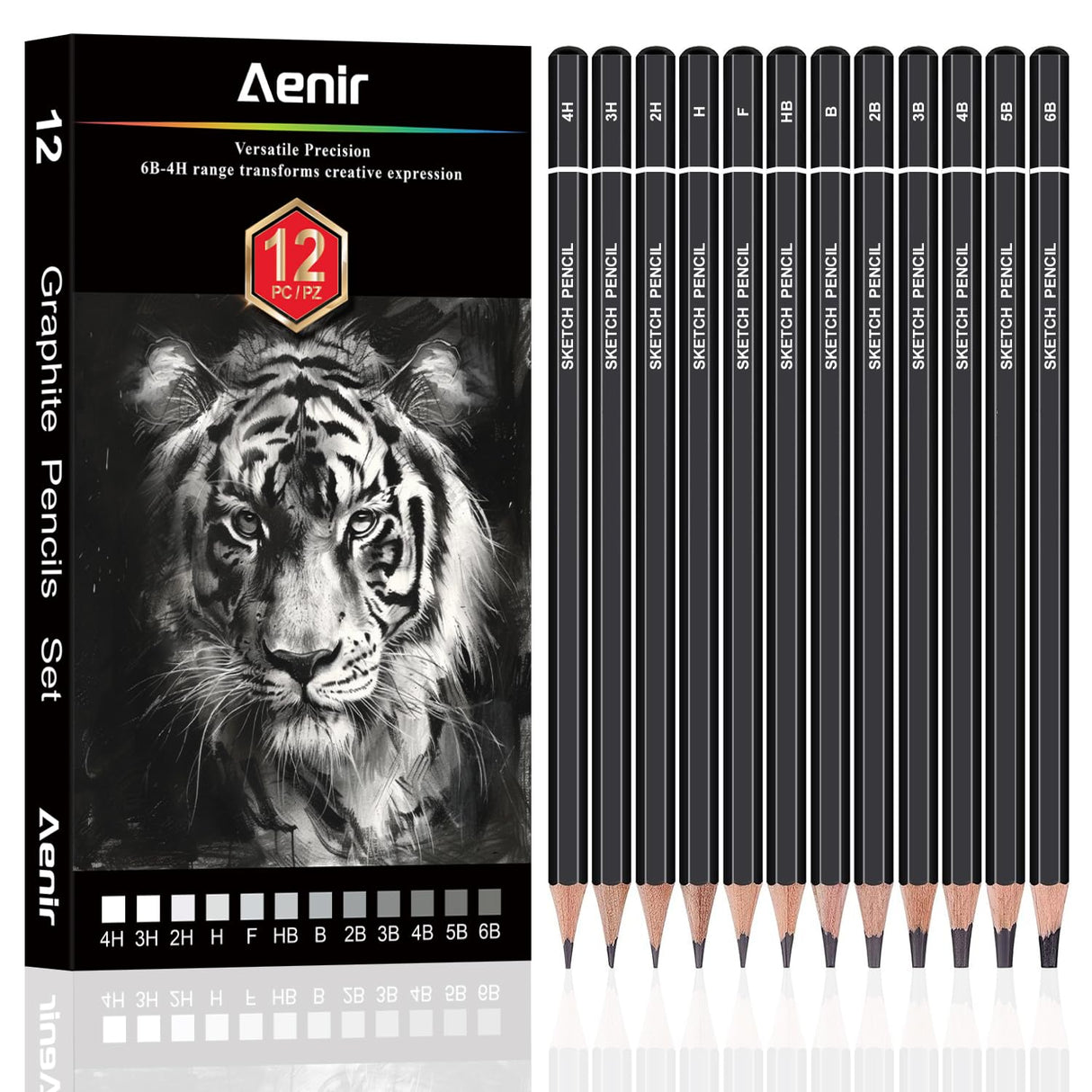Sketch Pencils for Drawing, Set of 12 Drawing Pencils for Sketching Medium (6B - 4H), Artist Graphite Pencils, Sketch Set for Artists for Sketching Supplies, Art Supplies. Aenir
