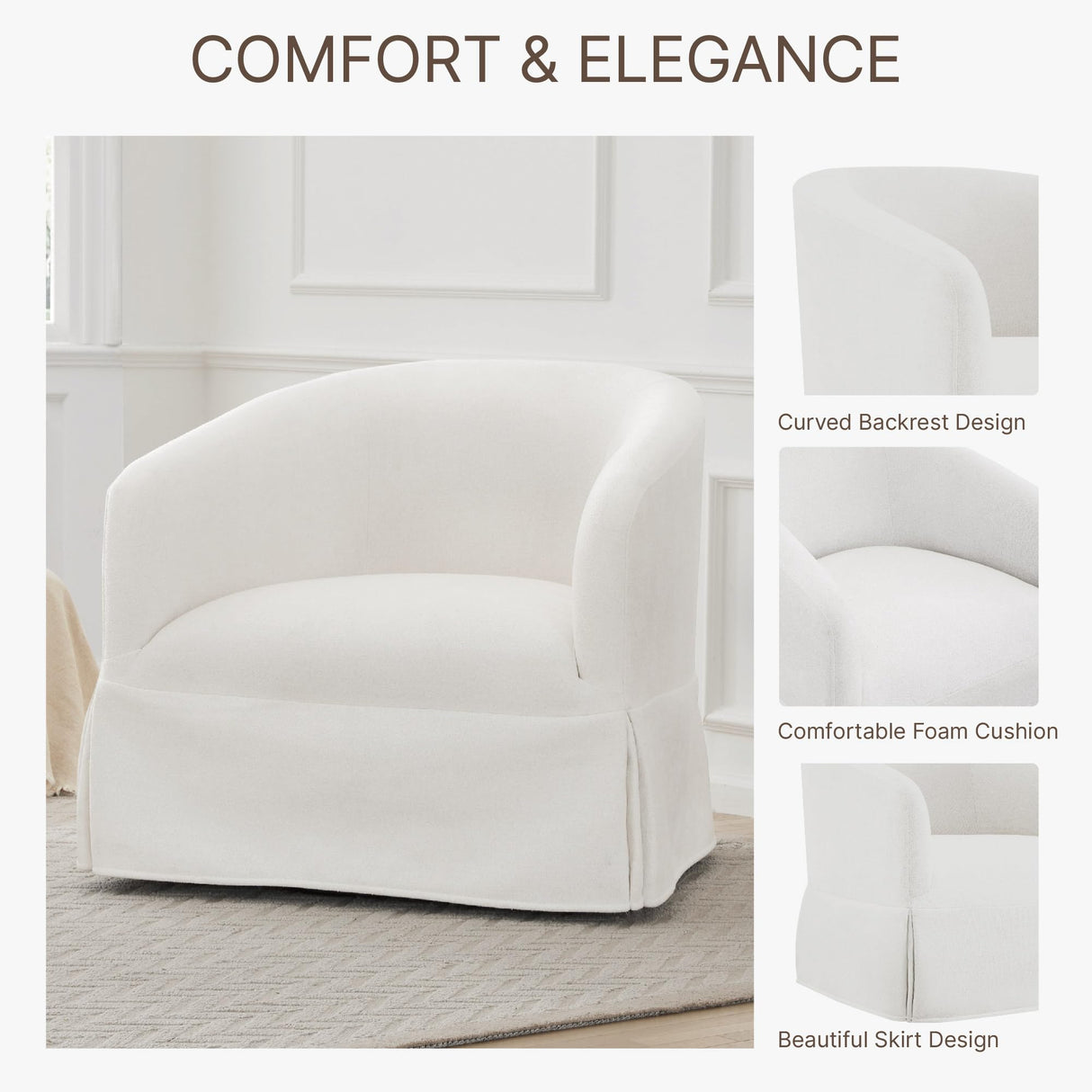 KISLOT Swivel Accent Chair, 360 Degree Linen Fabric Armchair Modern Barrel Chairs Armchair for Living Room Bedroom Home and Office,Cream White KISLOT