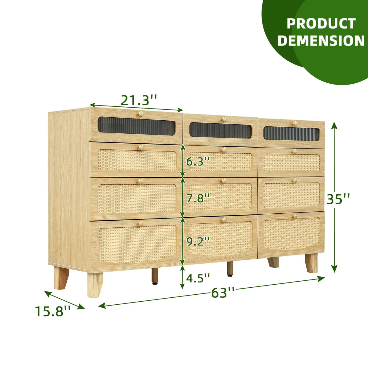 Yeyawomy 12 Drawer Dresser for Bedroom, 63" Wide Rattan Dresser with LED Light and Charging Station, Modern Wooden Long Storage Dressers Organizer with Metal Handle for Entryway and Bedroom Yeyawomy