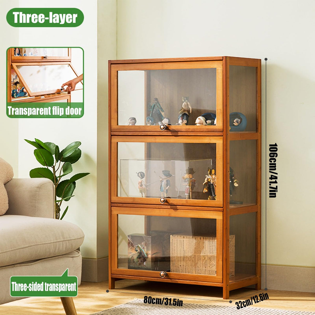 Curio Display Cabinet with Acrylic Doors,3/4Tier Display Case Bookshelf,Large Capacity Floor Bamboo Storage Cabinet,Flip Doors Convenient Storage,Easy to Clean,for Living Room,Study,Brown,106cm/41.7in WROASLTOUX