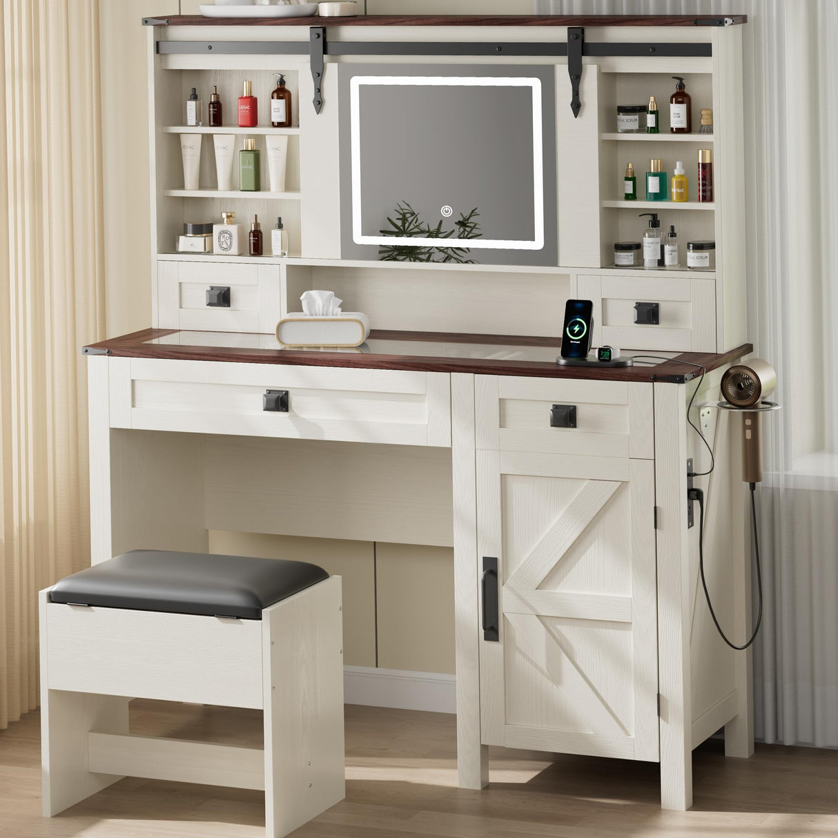 NEWBULAND Farmhouse Vanity with Mirror and Lights, 42" White Vanity Desk with 4 Drawers and Benches Makeup Table Set NEWBULAND