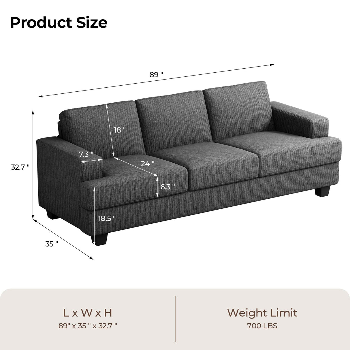 COPIAE 89 Inch Sofa with Extra Deep Seats Oversize, 3 Seater Sofa for Living Room,Modern Couch and Sofa, Comfy Armrests and Seats and Backrests, Easy Installation, Grey COPIAE