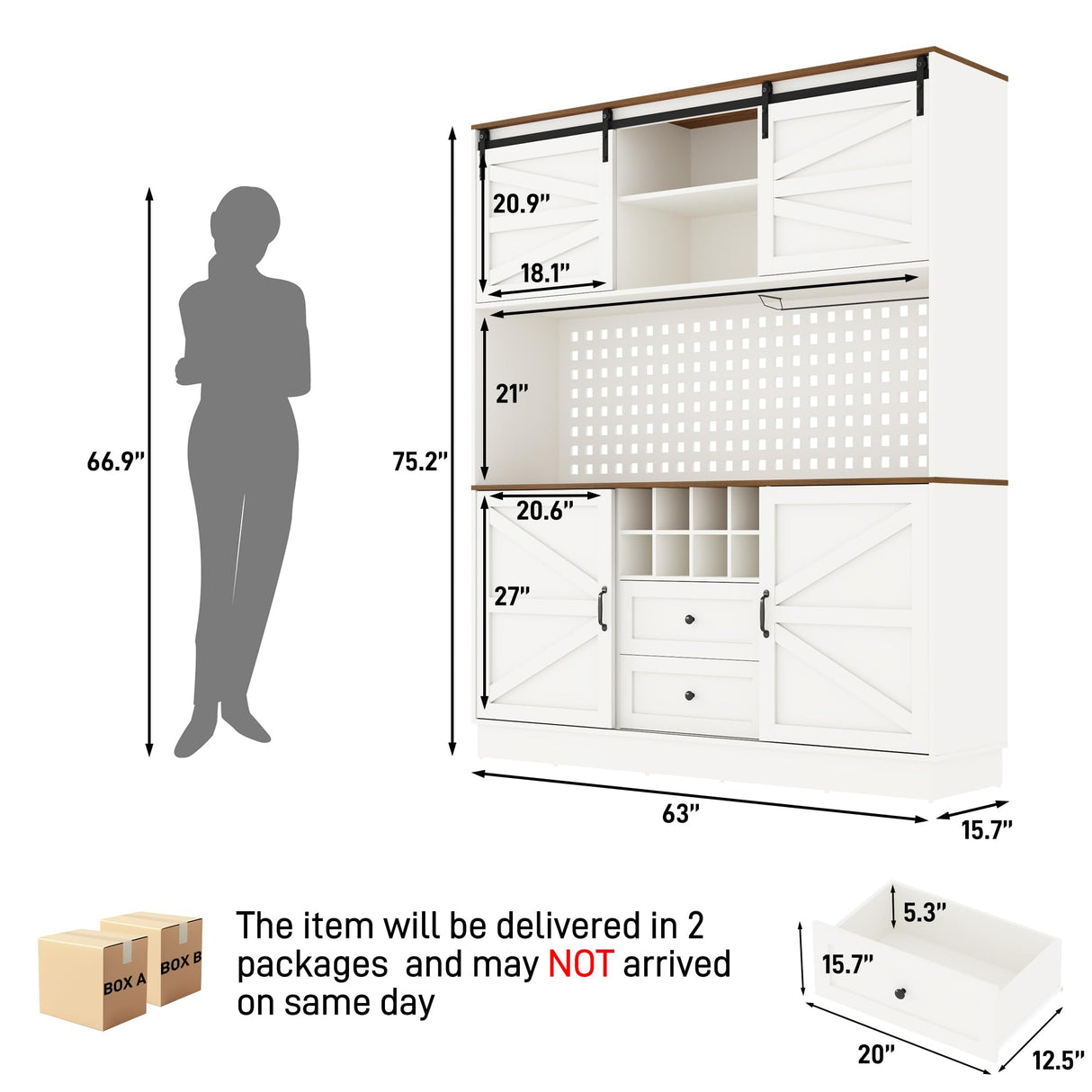75” Tall Large Kitchen Pantry Storage Cabinet,63"W Farmhouse Kitchen Hutch Cabinet w/Power Outlet,Large Coffee Bar Cupboard w/Microwave Shelf & Wine Rack,4 Doors,2 Drawers, Dining Room, White chartustriable