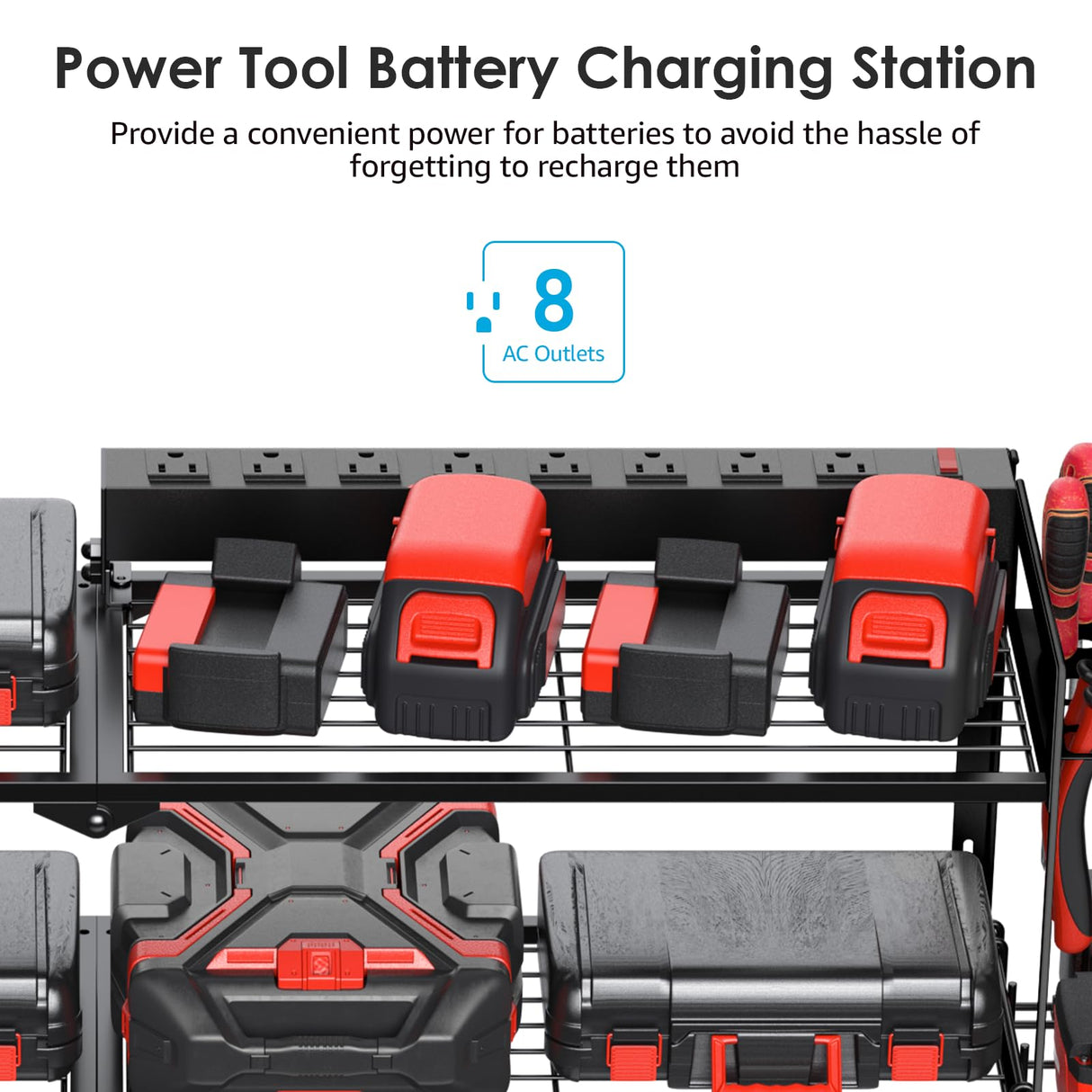 CCCEI Large Garage Tools Storage with Charging Station. Power Tool Battery Organizer Utility Shelf with Power Strip. 4 Drills Holder Wall Mount Rack. CCCEI