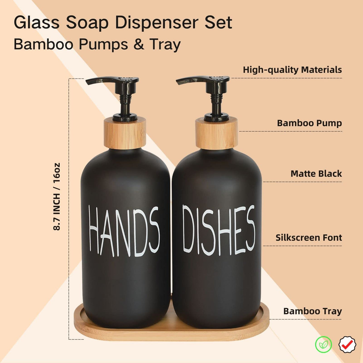 Glass Soap Dispenser Set. Hand Soap and Dish Soap Dispenser with Bamboo Tray. Vintage Soap Dispenser with Pump for Kitchen Sink and Bathroom. Stylish Permanent Label (Matte Black) DIDROOM