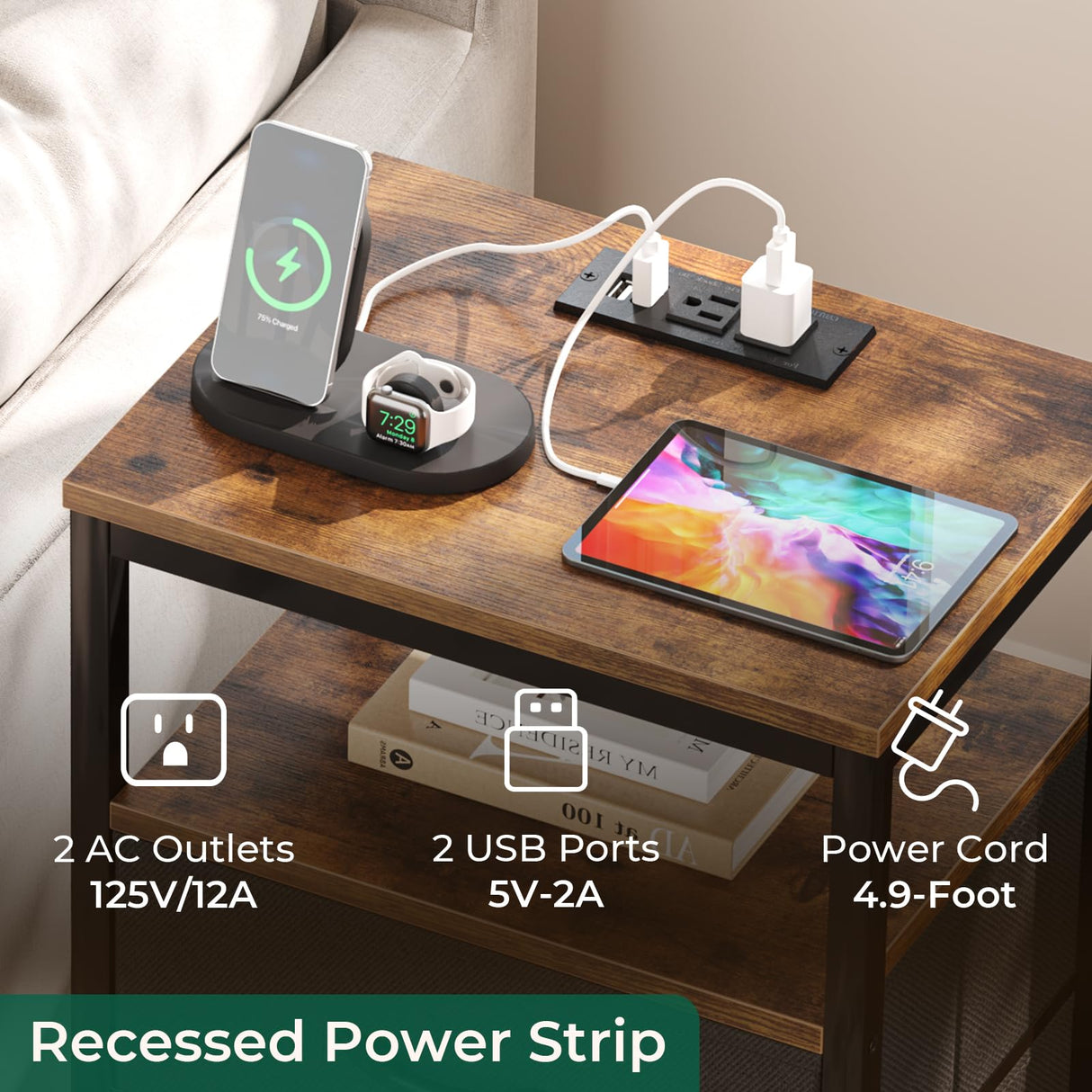 Huuger Nightstand with Charging Station, 27.6 Inch Side Table with Fabric Drawers, End Table Bedside Table with USB Ports and Outlets, Night Stand for Bedroom, Rustic Brown and Black Huuger