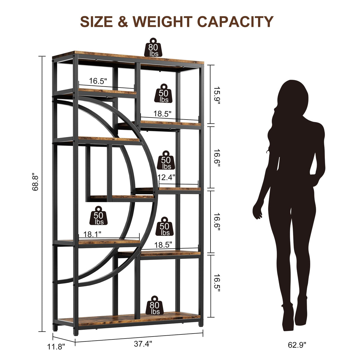 ChicHabitat Bookshelf 9 Tier Tall Wooden Bookcase Shelf Furniture, Standing Book Storage for Bedroom, Living Room and Home Office, Rustic Brown ChicHabitat