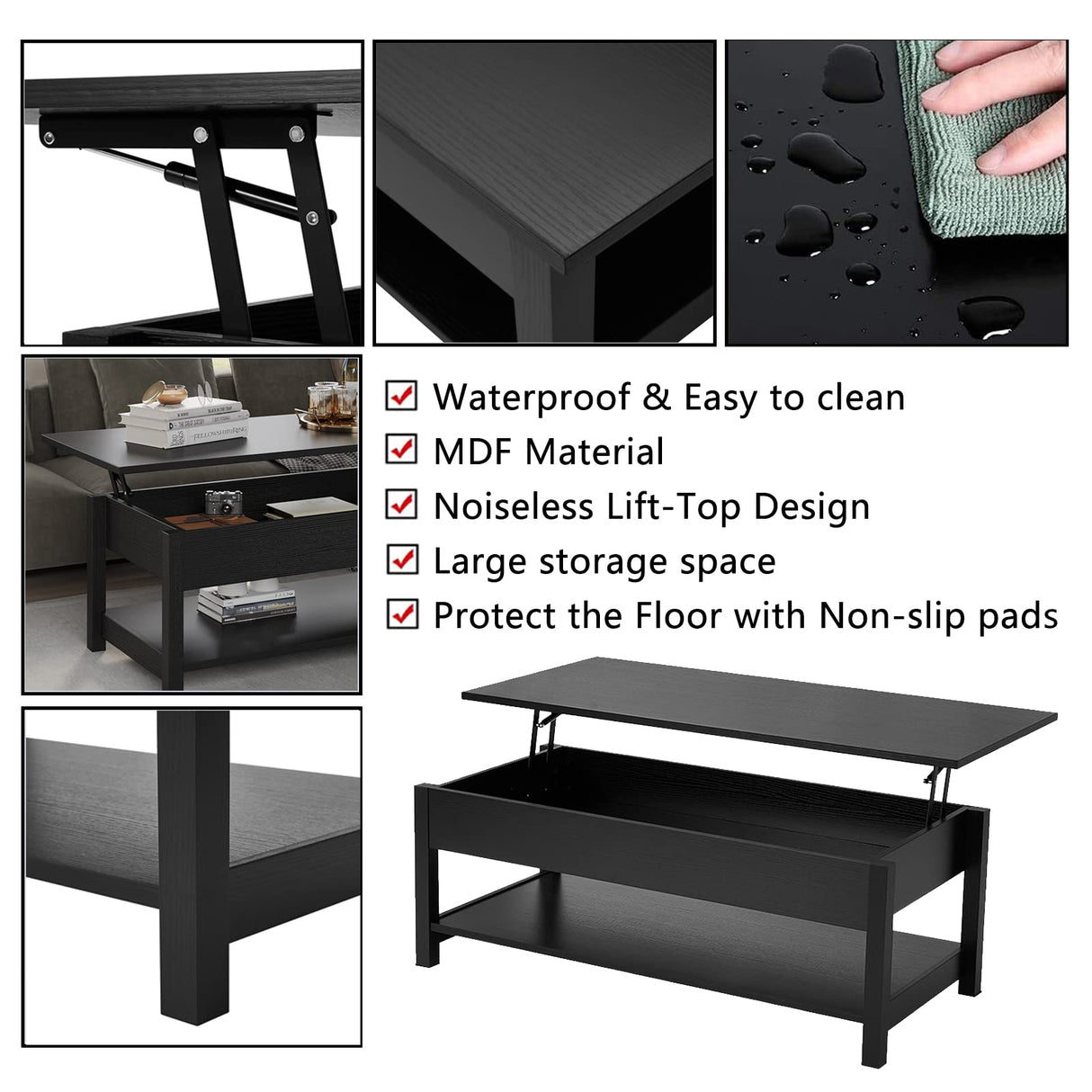 Panana Lift Top Coffee Table with Hidden Compartment & Open Storage Shelf, Lift Tabletop Farmhouse Table Pop Up Table for Living Room,Home Office Reception, (Black) Panana